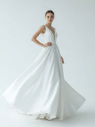 A - Line White Satin Elegant V Neck Wedding Dress - KissProm