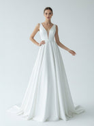 A - Line White Satin Elegant V Neck Wedding Dress - KissProm