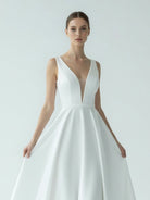 A - Line White Satin Elegant V Neck Wedding Dress - KissProm