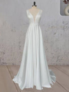 A - Line White Satin Elegant V Neck Wedding Dress - KissProm