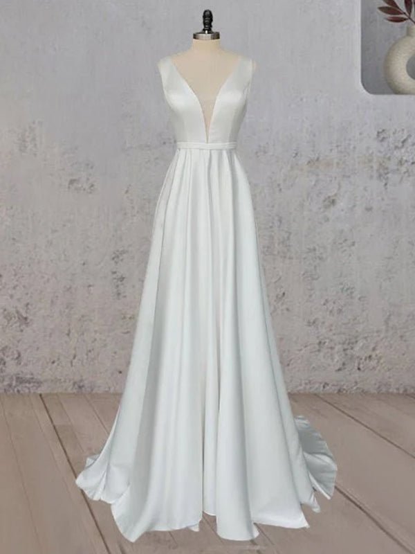 A - Line White Satin Elegant V Neck Wedding Dress - KissProm