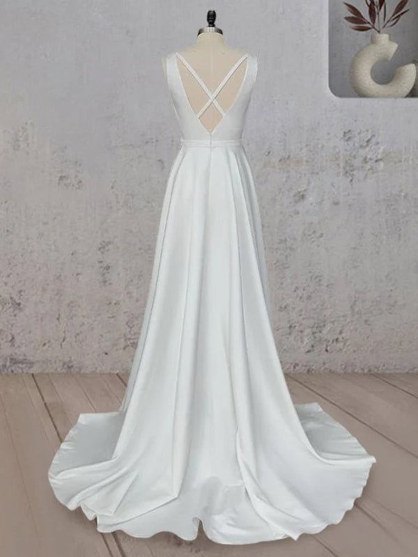 A - Line White Satin Elegant V Neck Wedding Dress - KissProm