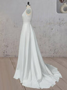 A - Line White Satin Elegant V Neck Wedding Dress - KissProm