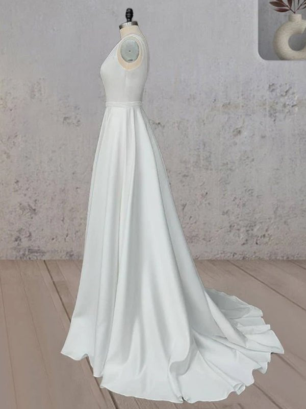 A - Line White Satin Elegant V Neck Wedding Dress - KissProm