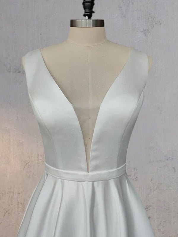 A - Line White Satin Elegant V Neck Wedding Dress - KissProm