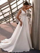 A - Line White Satin Elegant V Neck Wedding Dress - KissProm