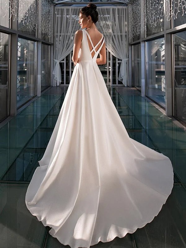 A - Line White Satin Elegant V Neck Wedding Dress - KissProm