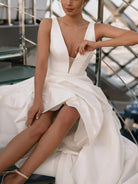 A - Line White Satin Elegant V Neck Wedding Dress - KissProm