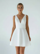Thessaly | A - Line White Satin V - Neck Short Wedding Dress with Bow - KissProm