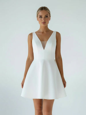 Thessaly | A - Line White Satin V - Neck Short Wedding Dress with Bow - KissProm