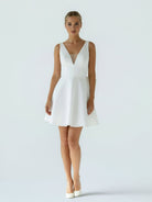 Thessaly | A - Line White Satin V - Neck Short Wedding Dress with Bow - KissProm