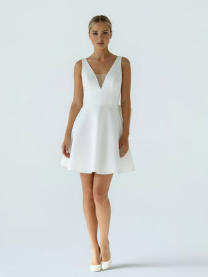 Thessaly | A - Line White Satin V - Neck Short Wedding Dress with Bow - KissProm
