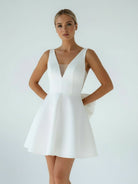 Thessaly | A - Line White Satin V - Neck Short Wedding Dress with Bow - KissProm