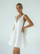Thessaly | A - Line White Satin V - Neck Short Wedding Dress with Bow - KissProm