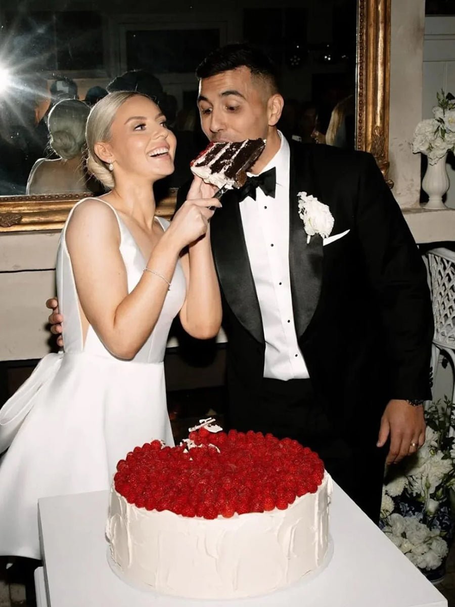 Thessaly | A - Line White Satin V - Neck Short Wedding Dress with Bow - KissProm