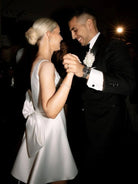 Thessaly | A - Line White Satin V - Neck Short Wedding Dress with Bow - KissProm