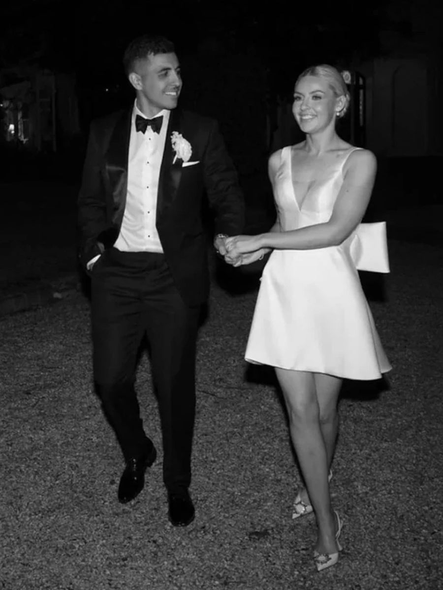 Thessaly | A - Line White Satin V - Neck Short Wedding Dress with Bow - KissProm