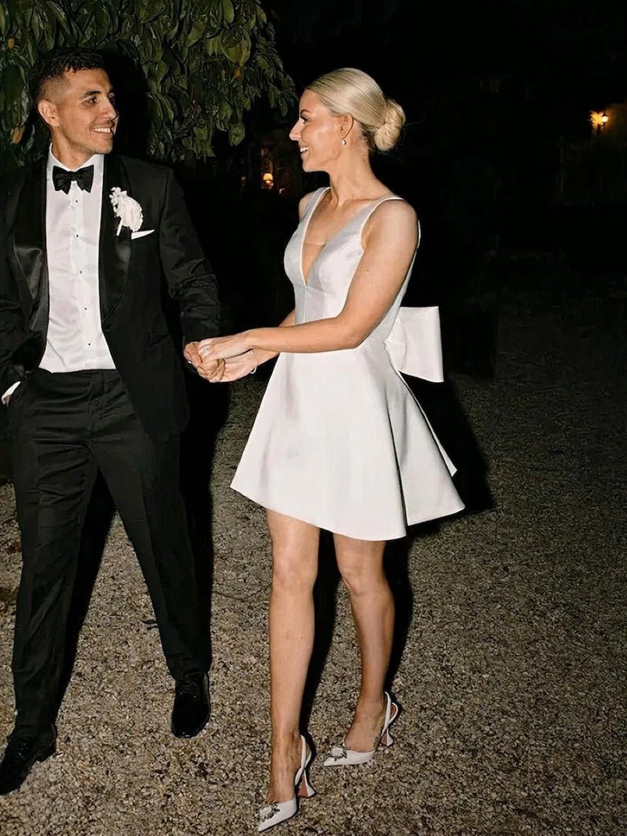 Thessaly | A - Line White Satin V - Neck Short Wedding Dress with Bow - KissProm