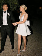 Thessaly | A - Line White Satin V - Neck Short Wedding Dress with Bow - KissProm