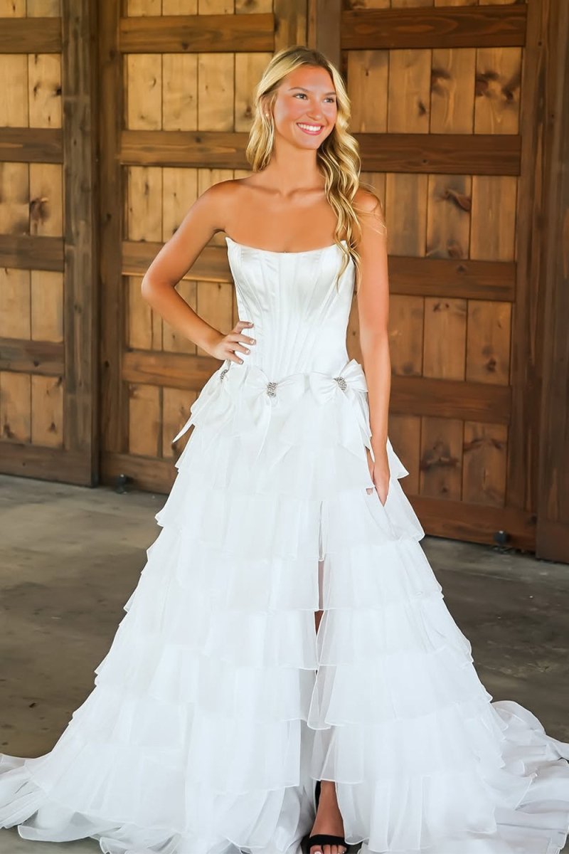 Felice | White - Scoop Neck A Line Chiffon Tiered Prom Dresses With Bowknot - KissProm