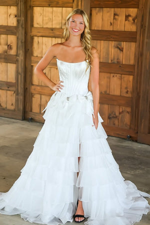 Felice | White - Scoop Neck A Line Chiffon Tiered Prom Dresses With Bowknot - KissProm