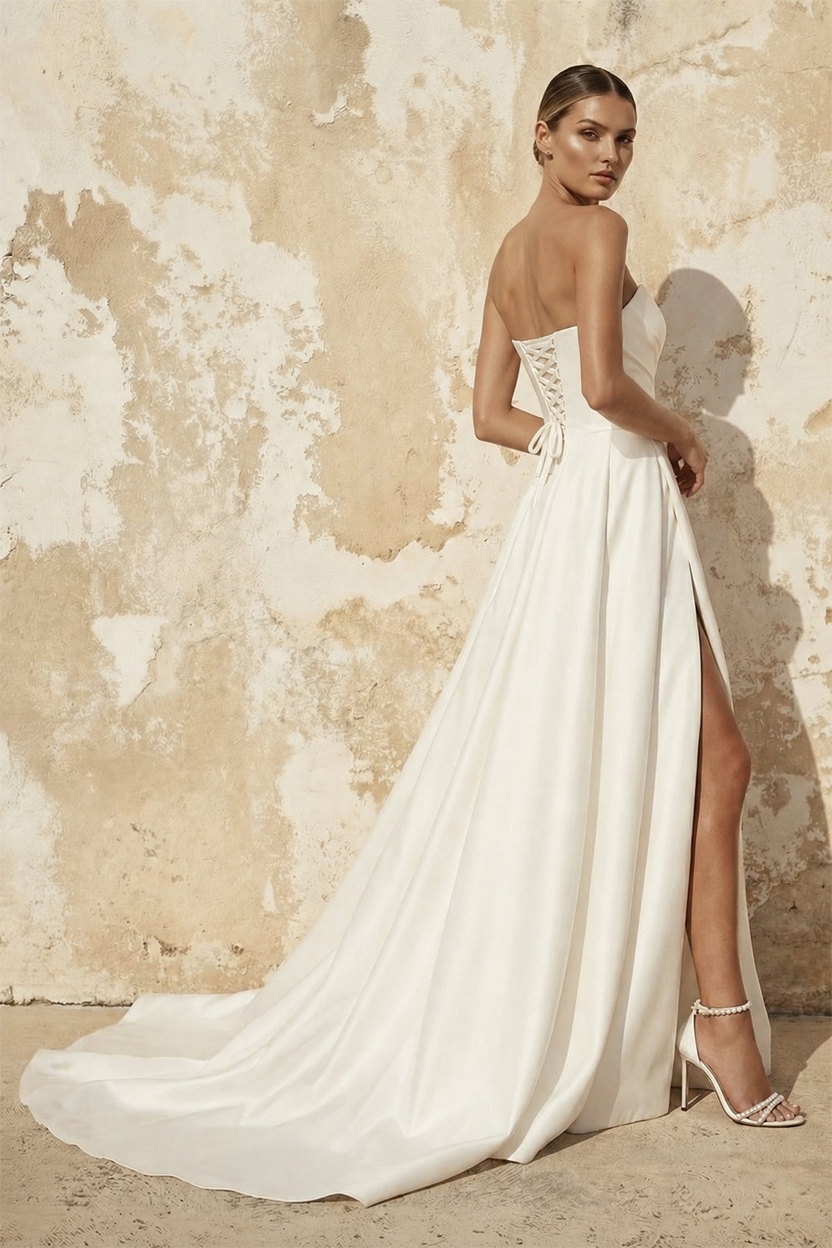 KissProm A-Line White Sleeveless Satin Wedding Dress With Side Slit, Diamond White / 16