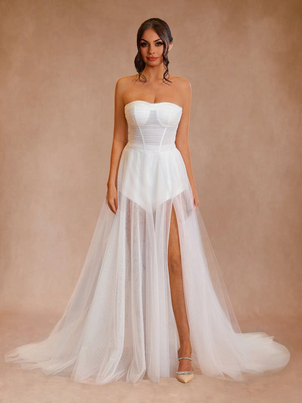 A-line Sweetheart Tulle High Split Bohemian Wedding Dresses