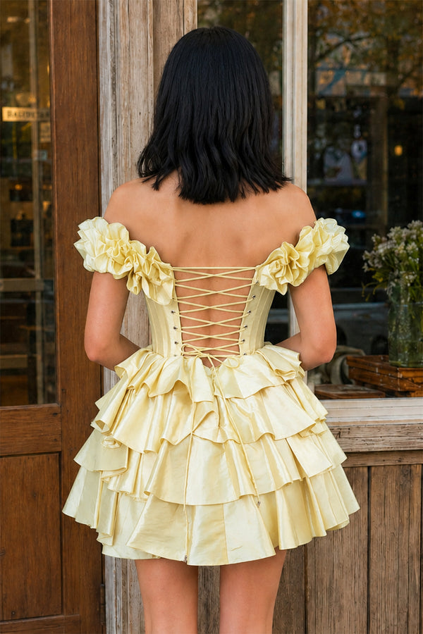 KissProm A-Line Off-the-Shoulder Corset Ruffle Tiered Homecoming Dress, Golden / 2
