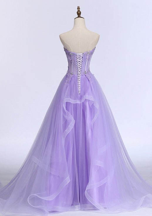 Kaitlyn | A-line Sweetheart Sleeveless Sweep Train Tulle Prom Dress With Beading Appliqued