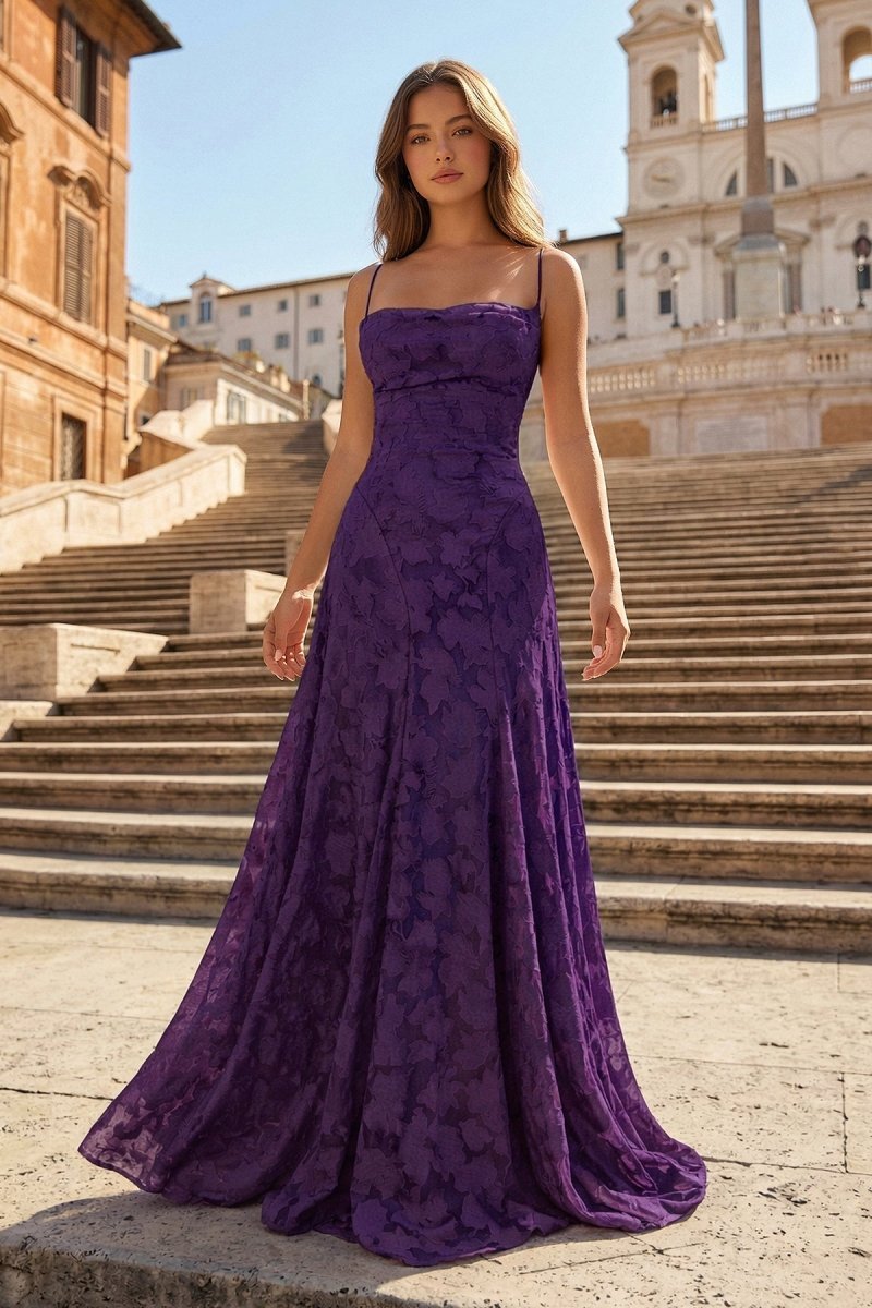 KissProm A-Line Pink Floral Lace Cowl Neck Long Prom Dresses