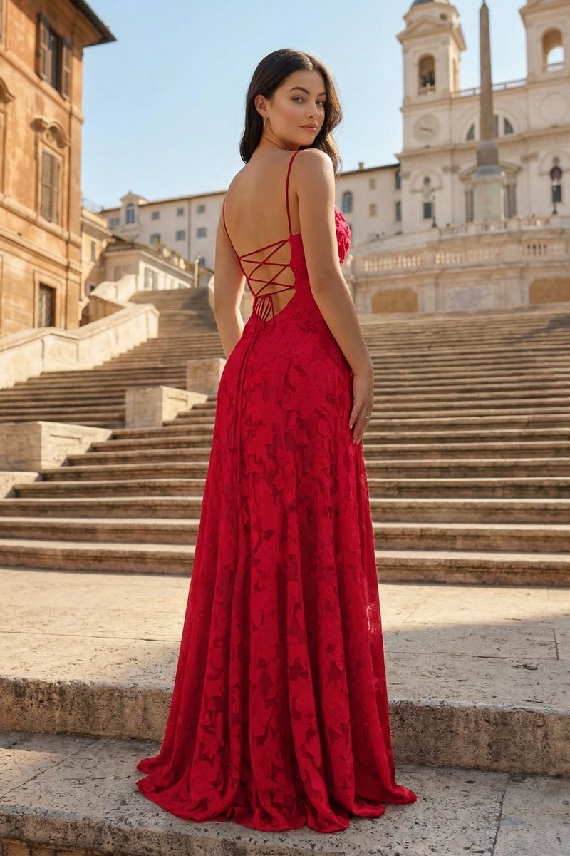 KissProm Pink A-Line Lace Floral Spaghetti Straps Long Prom Dresses, Red / 2