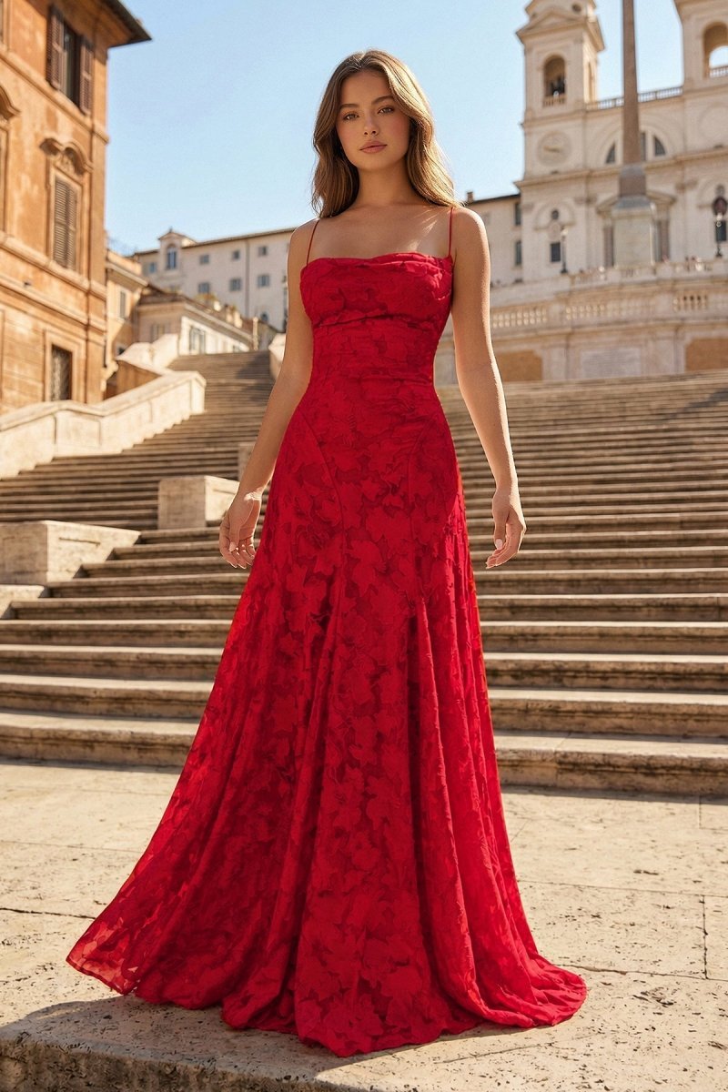KissProm Pink A-Line Lace Floral Spaghetti Straps Long Prom Dresses, Red / 2