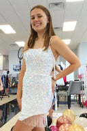 Cute White Sequins Spaghetti Straps Backless Short Homecoming Dresses - KissProm