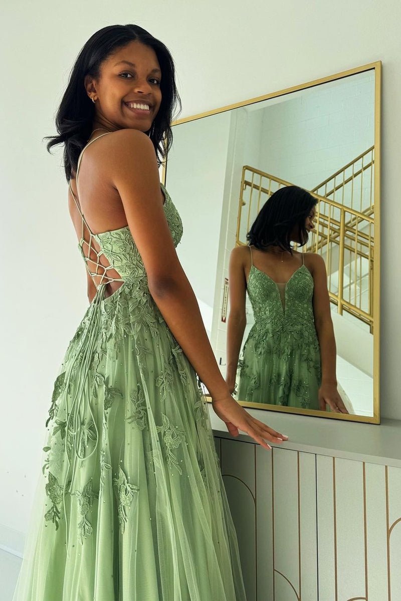 chinese dress ladies Sage Green Spaghetti Straps Tulle A-Line Long Prom Dresses with Appliq chinese dress ladies Sage Green Spaghetti Straps Tulle A-Line Long Prom Dresses with Appliq