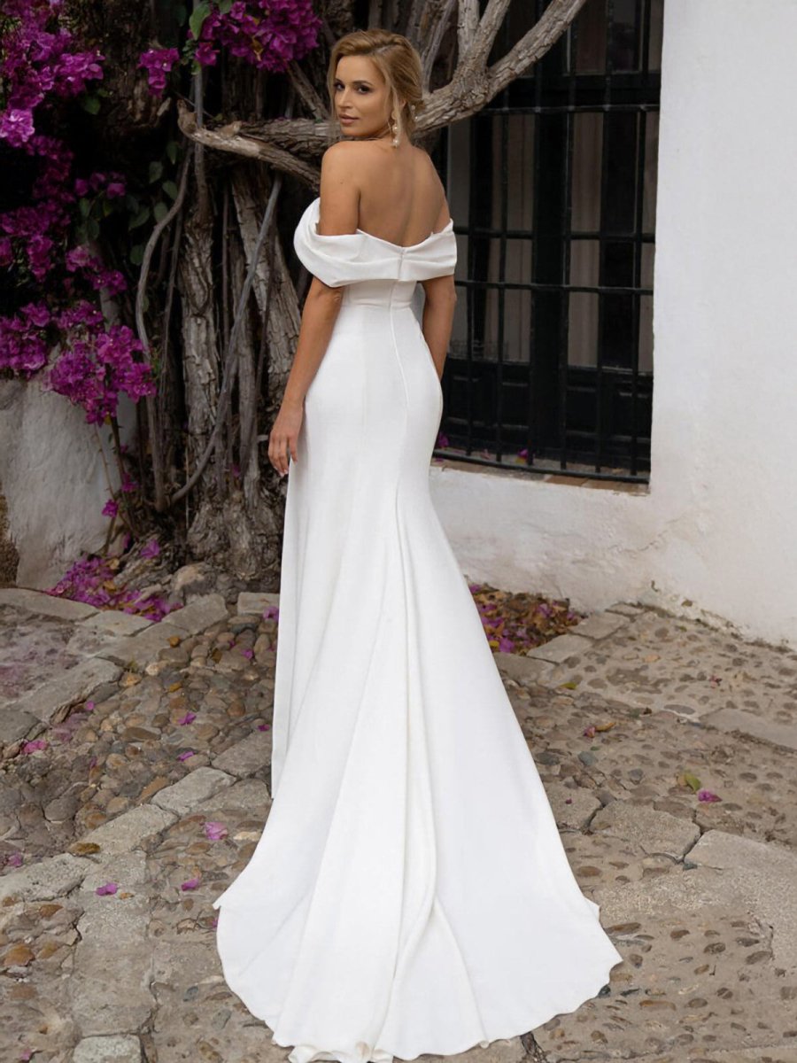 Hathaway | Mermaid Satin Off - the - Shoulder Sheath Wedding Dress with Zipper and Slit - KissProm