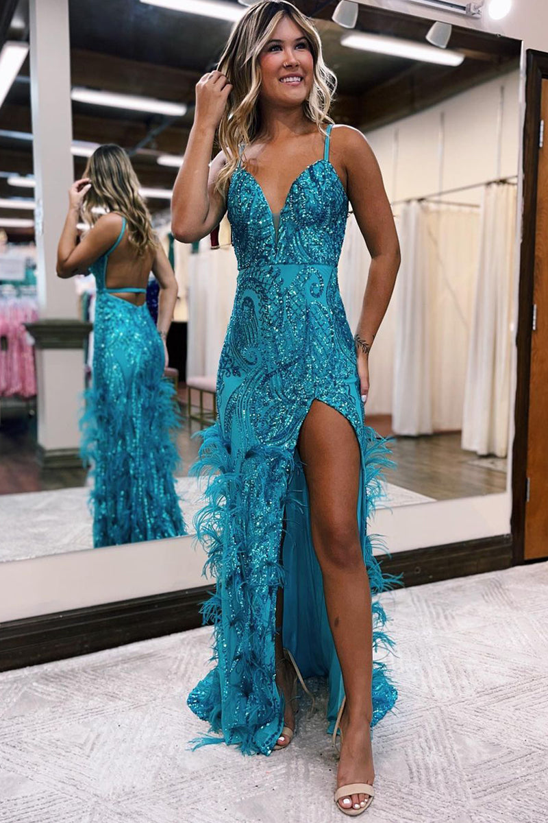 Sonia | Jade Sequin Lace V Neck Mermaid Prom Dresses with Slit