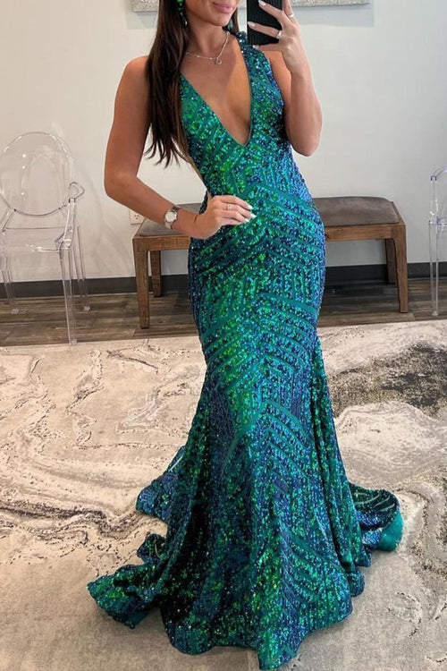 Pink Mermaid Sparkle V Neck Sequins Prom Dress LBQ2119 main image 1