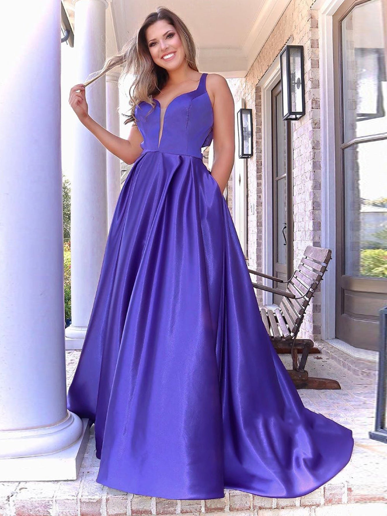 A Line V Neck Long Purple Prom Dress