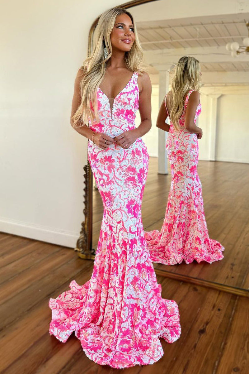 Bailey | Pink V Neck Sequin Lace Mermaid Prom Dress