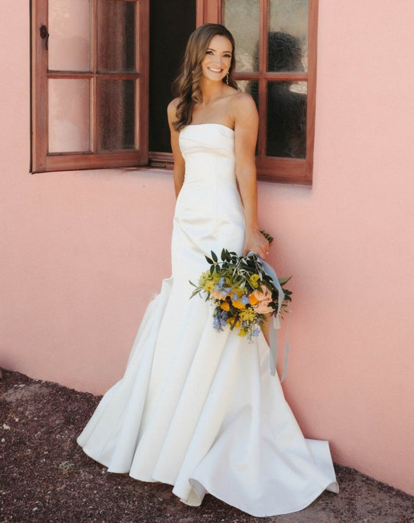 Elegant Mermaid Strapless Satin Sleeveless Wedding Dresses – Wedding Dresses by KissProm | Available at KissProm