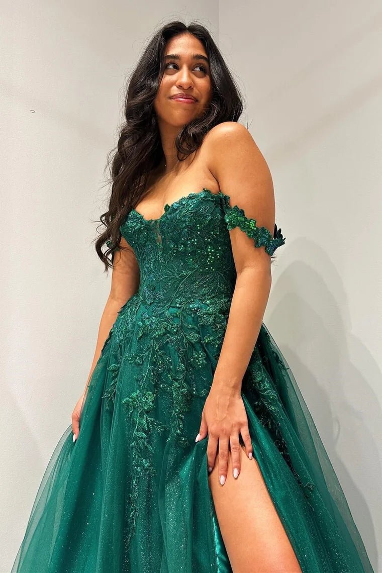 Glitter Emerald Appliques Off-the-Shoulder A-Line Long Prom Dress Emerald / 00 Glitter Emerald Appliques Off-the-Shoulder A-Line Long Prom Dress Emerald / 00