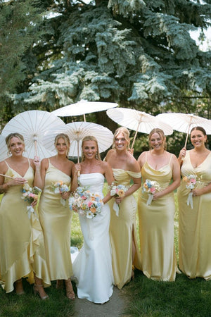 Sheath Silk Satin Yellow Long Bridesmaid Dresses, Yellow / 14 / E