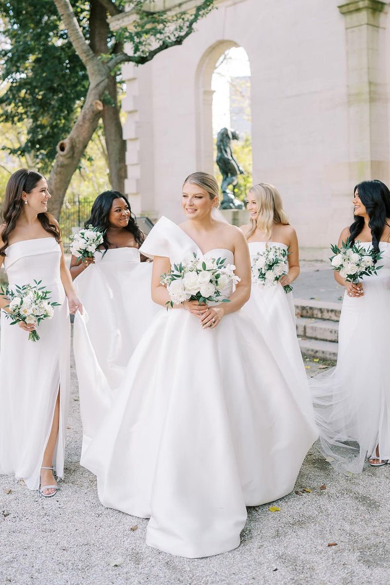 Elegant A - Line One Shoulder White Satin Wedding Dresses - KissProm