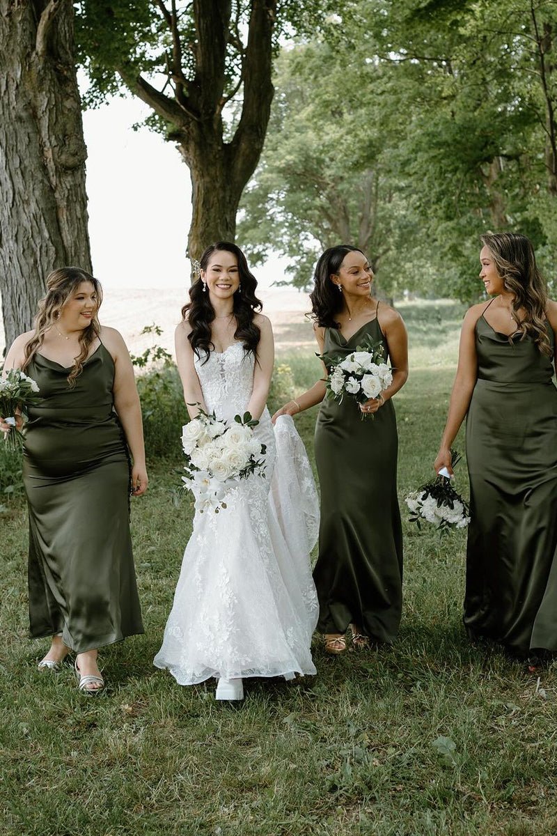 Hunter Green Silk Satin Cowl Neck Bridesmaid Dresses - KissProm