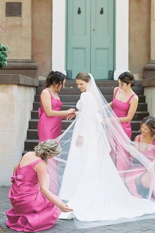 Sheath Square Neck Fuchsia Satin Bridesmaid Dresses with Bow, Fuchsia / 4 Sheath Square Neck Fuchsia Satin Bridesmaid Dresses with Bow, Fuchsia / 4