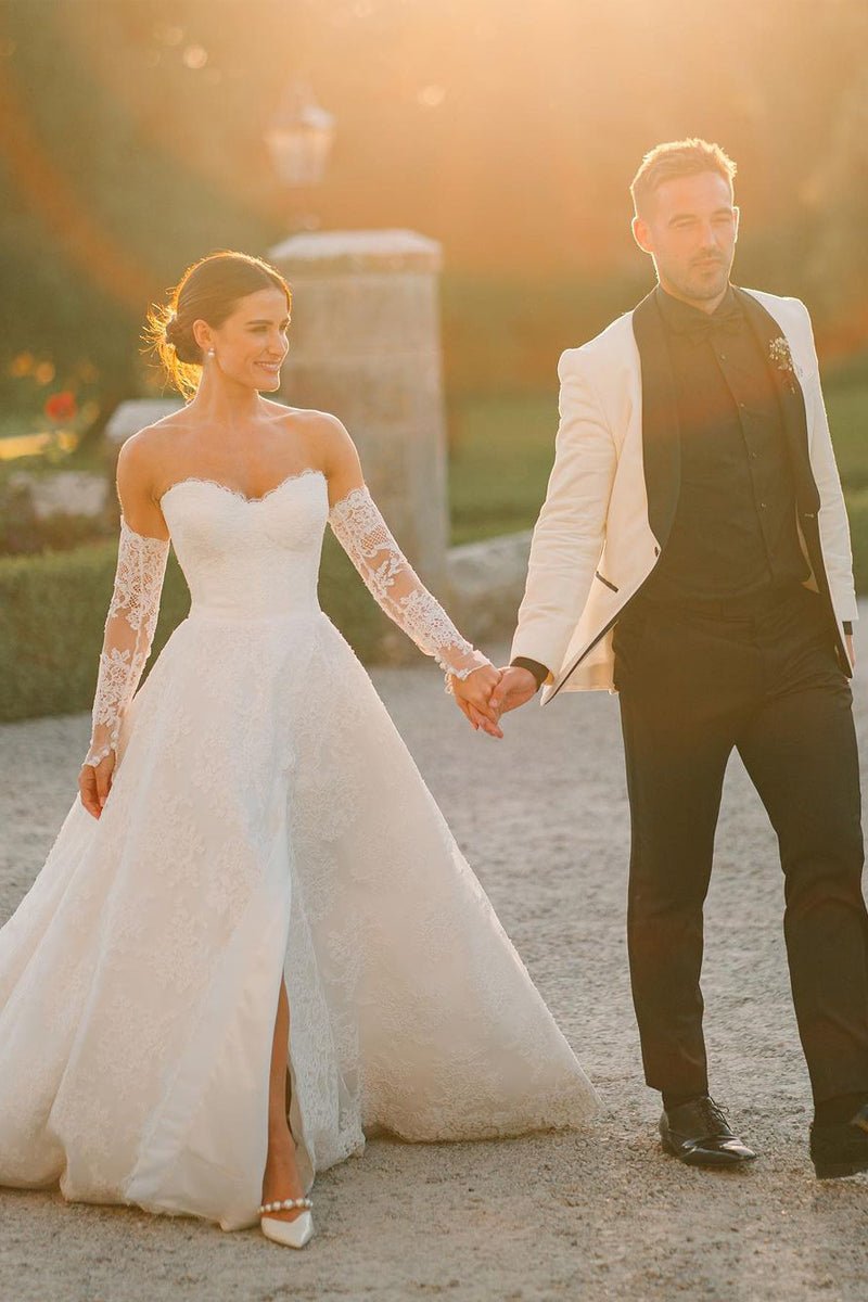 Vintage A-Line Sweetheart White Lace Wedding Dresses with Slit, Diamond White / 16