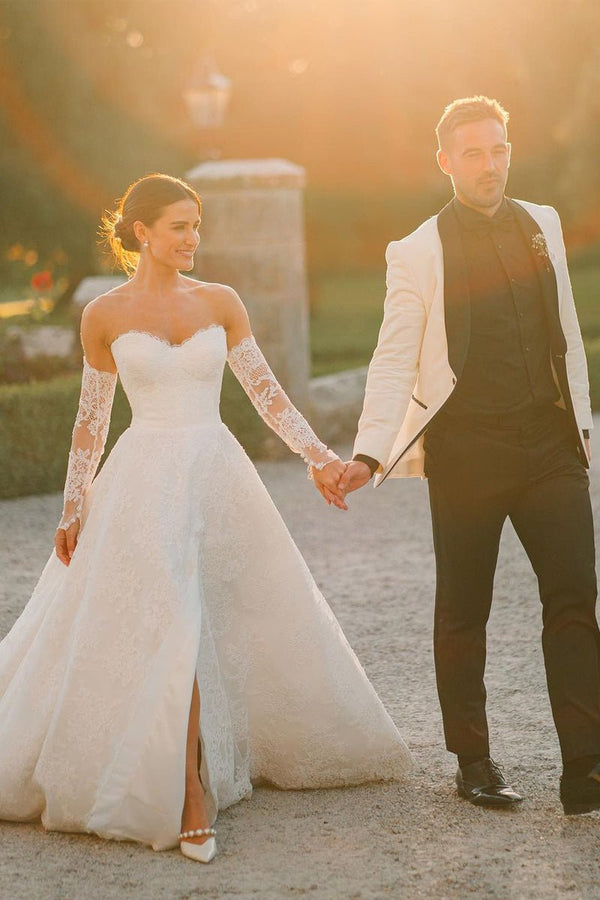 Vintage A-Line Sweetheart White Lace Wedding Dresses with Slit