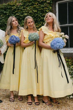 Yellow Off The Shoulder Ruffle Cotton Ankle Length Bridesmaid Dresses Yellow / 6