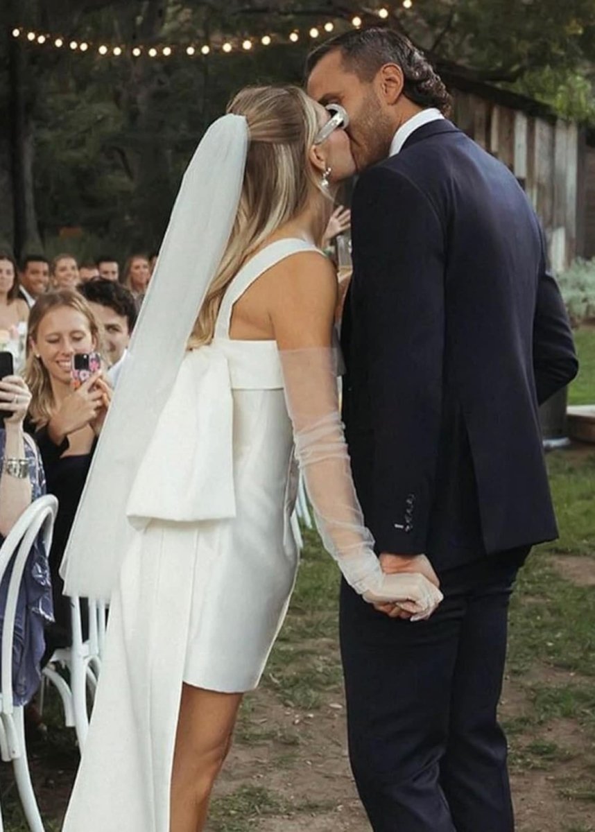 Square Neck White Twill Satin Short Wedding Dress with Big Bow Back VK23102309 main image 1