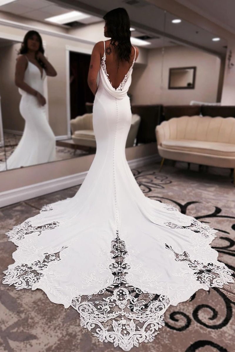 Unique Mermaid V Neck Satin Wedding Dress with Appliques - KissProm